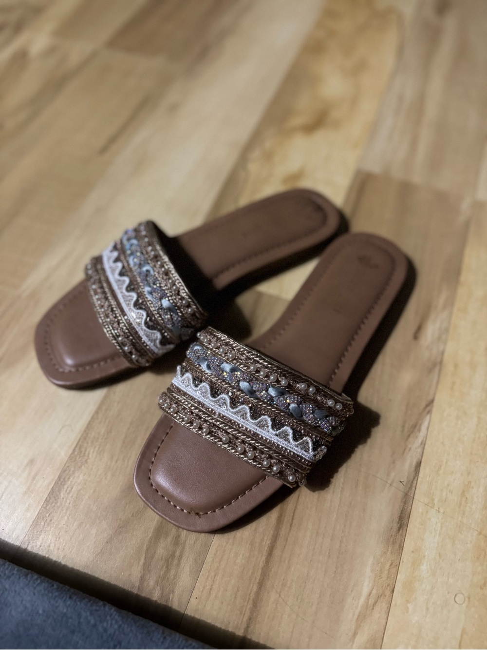 Brown Embellished Slide Sandals - Women's Fashion Slides